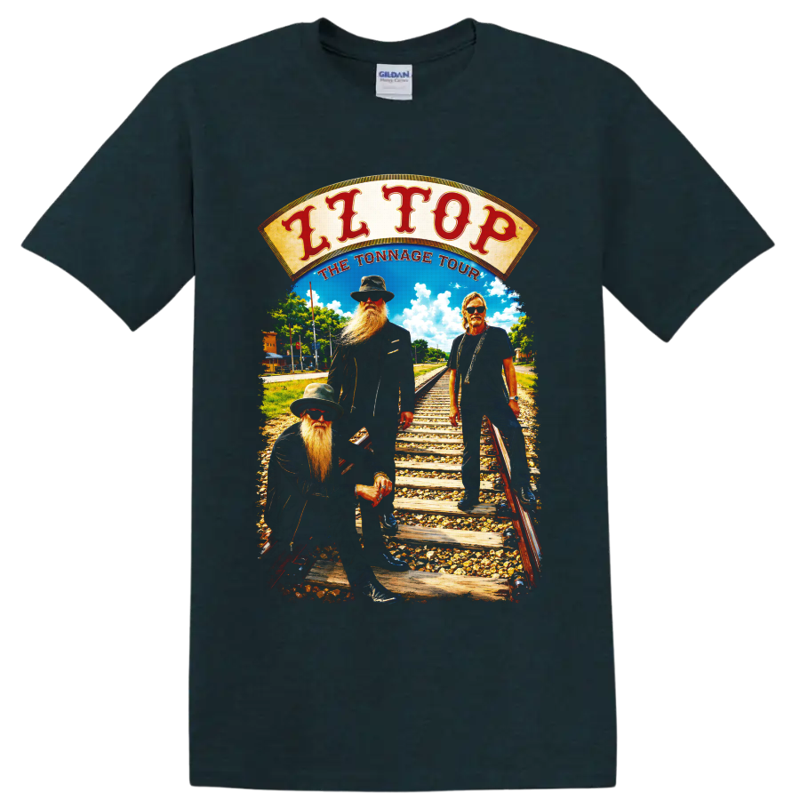 ZZ Top Tonnage Tour vintage railroad rock band graphic on a Midnight (Green) T Shirt