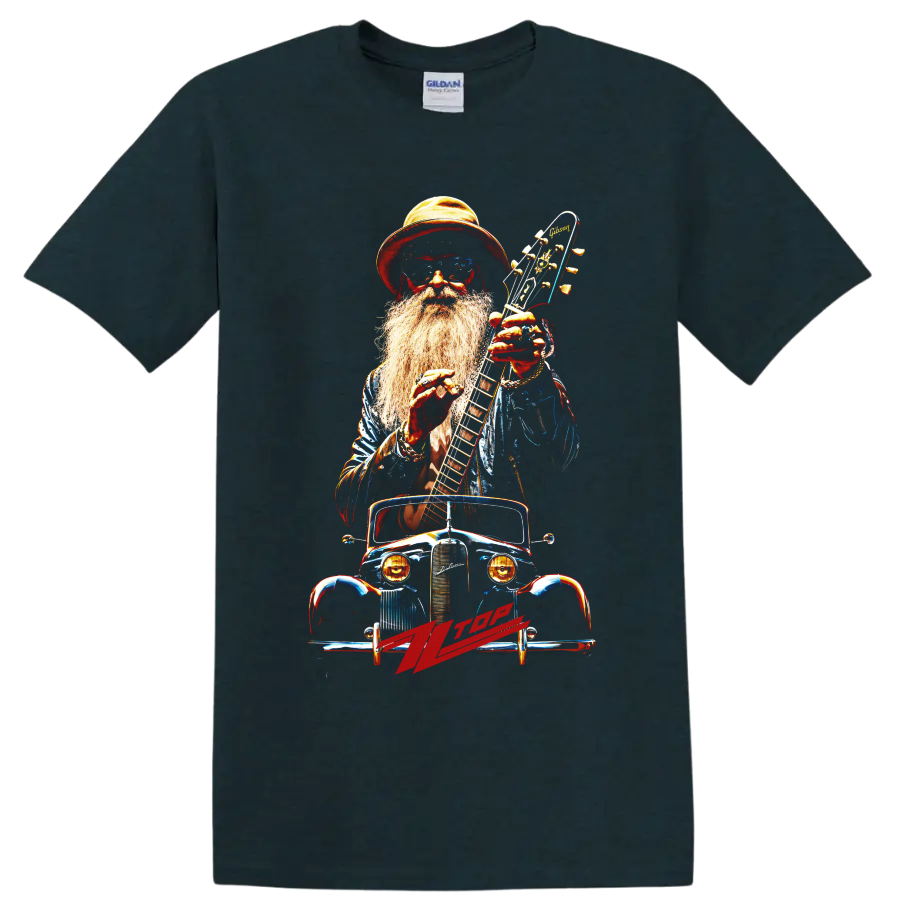 ZZ Top bearded guitarist with electric guitar and vintage car graphic on a Midnight (Green) T Shirt