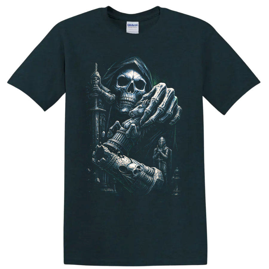 Gothic skull knight in armor wielding a sword, distressed fantasy art on a Midnight (Green) T Shirt