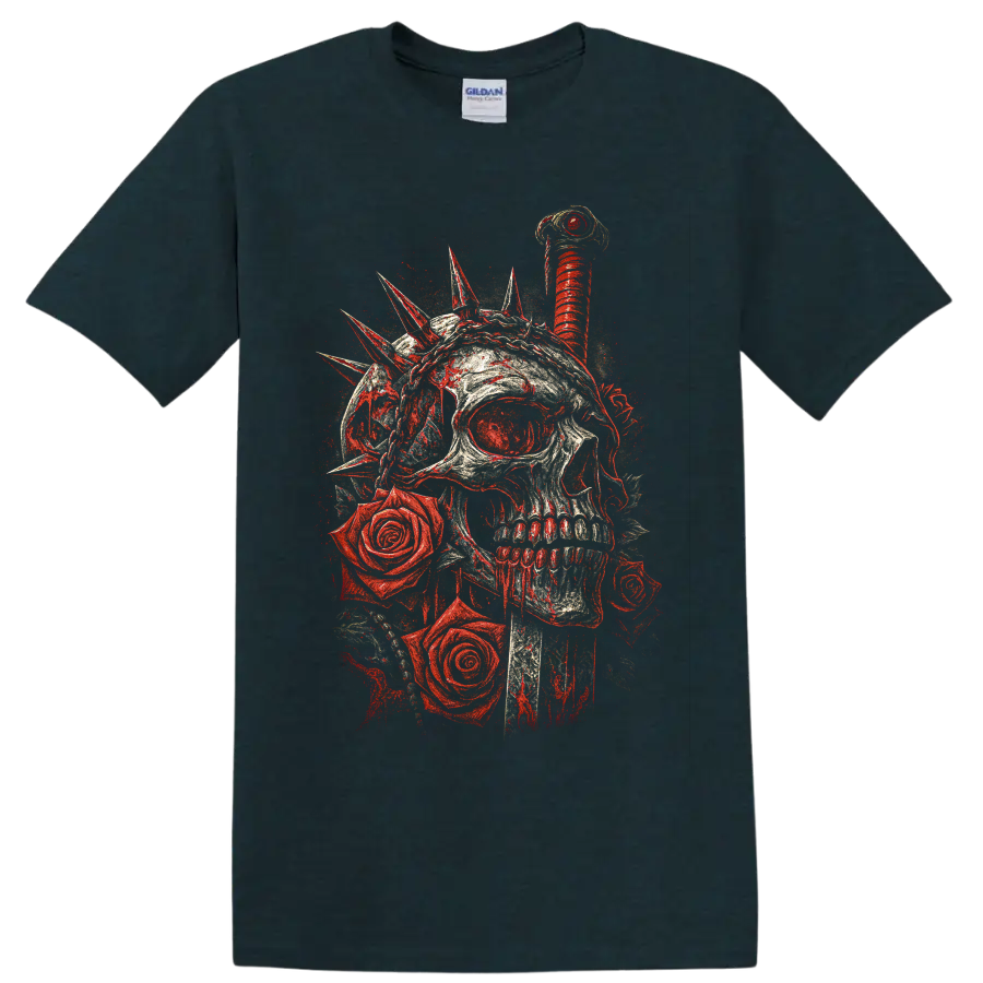 Gothic skull with red roses and spiked crown graphic on a Midnight (Green) T Shirt