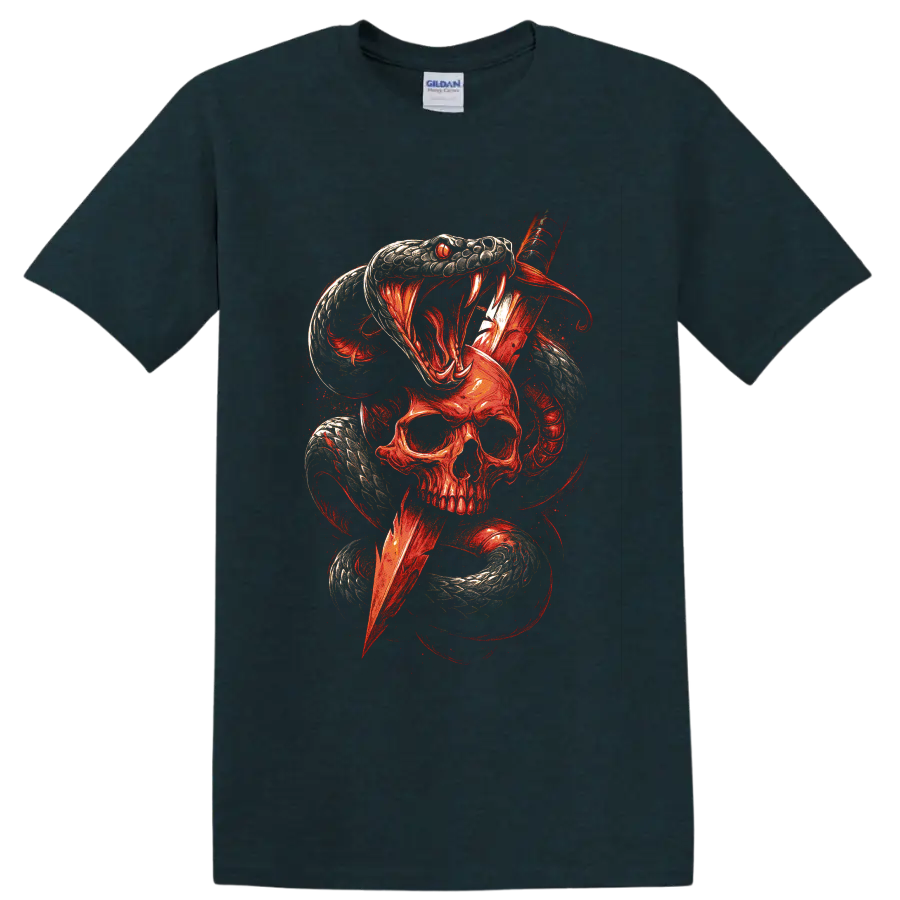 Red fanged snake coiling around a skull in gothic horror art on a Midnight (Green) T Shirt