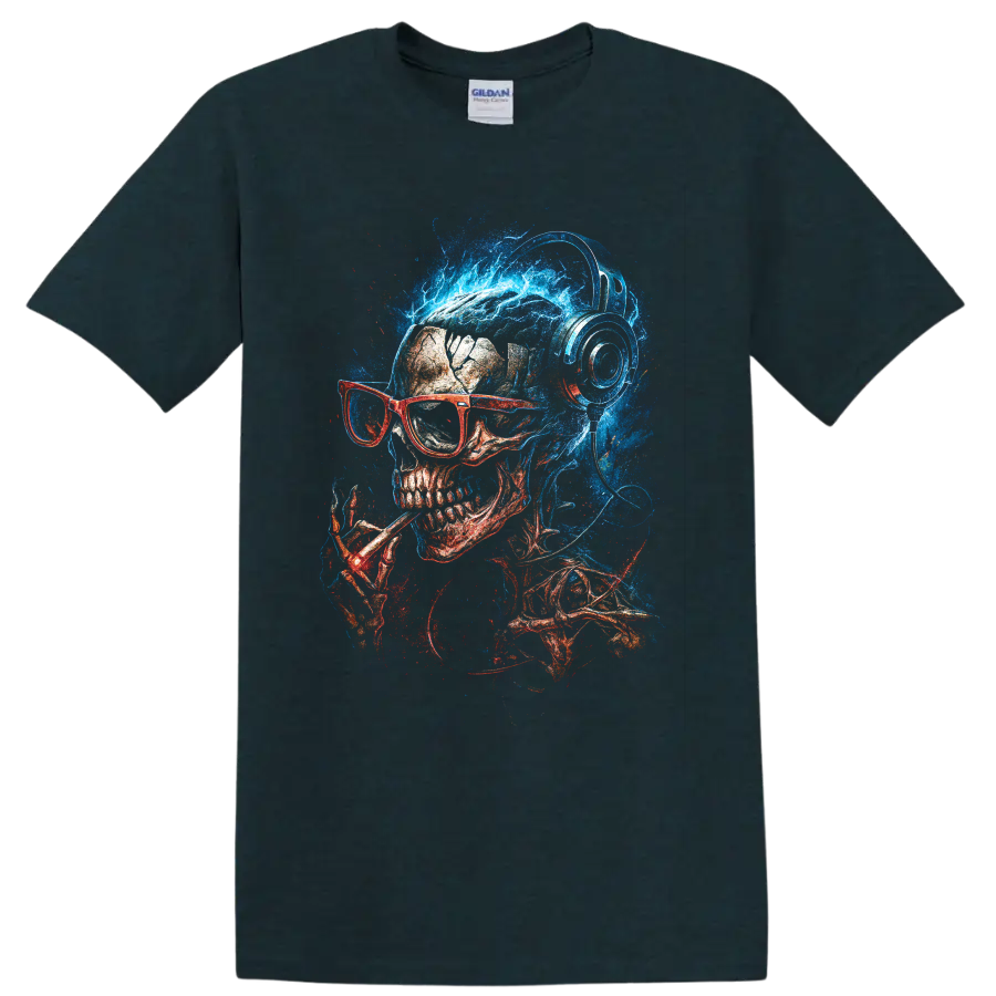 Neon blue and red skull wearing glasses and headphones, gothic art on a Midnight (Green) T Shirt