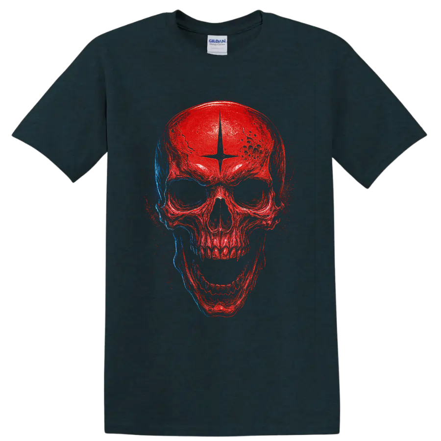 Distressed red and blue skull grunge graphic print on a Midnight (Green) T Shirt