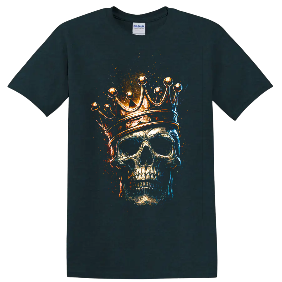 Crowned skull with ornate crown in fiery blue and orange grunge art on a Midnight (Green) T Shirt