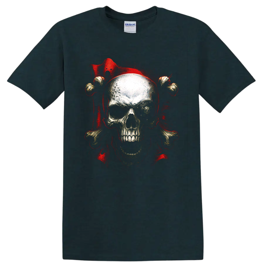 Gothic skull and crossbones graphic with red grunge splatter on a Midnight (Green) T Shirt