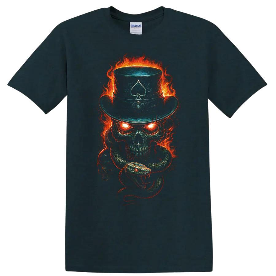 Flaming skull with snake, spade top hat, and fiery gothic horror artwork on a Midnight (Green) T Shirt