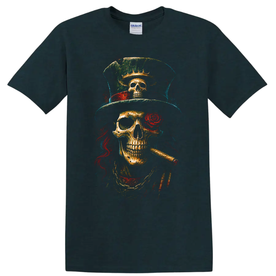 Vintage grunge skull wearing a top hat with rose and cigar on a Midnight (Green) T Shirt