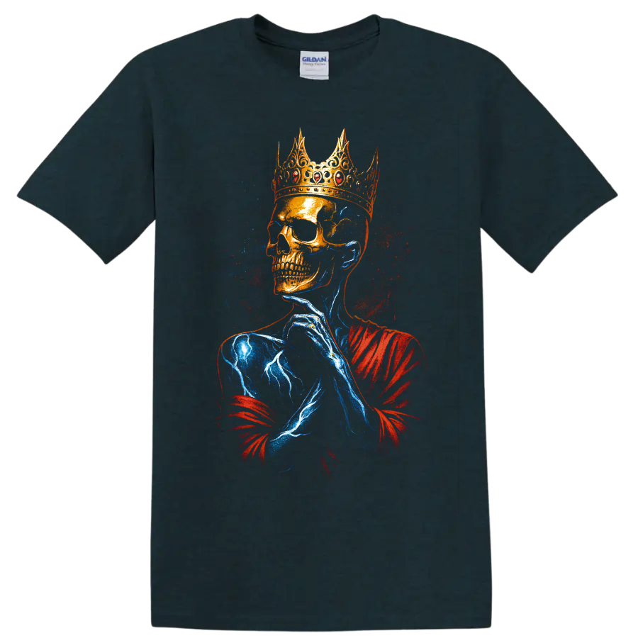 Crowned skull king gothic graphic with red and blue splatter art on a Midnight (Green) T Shirt