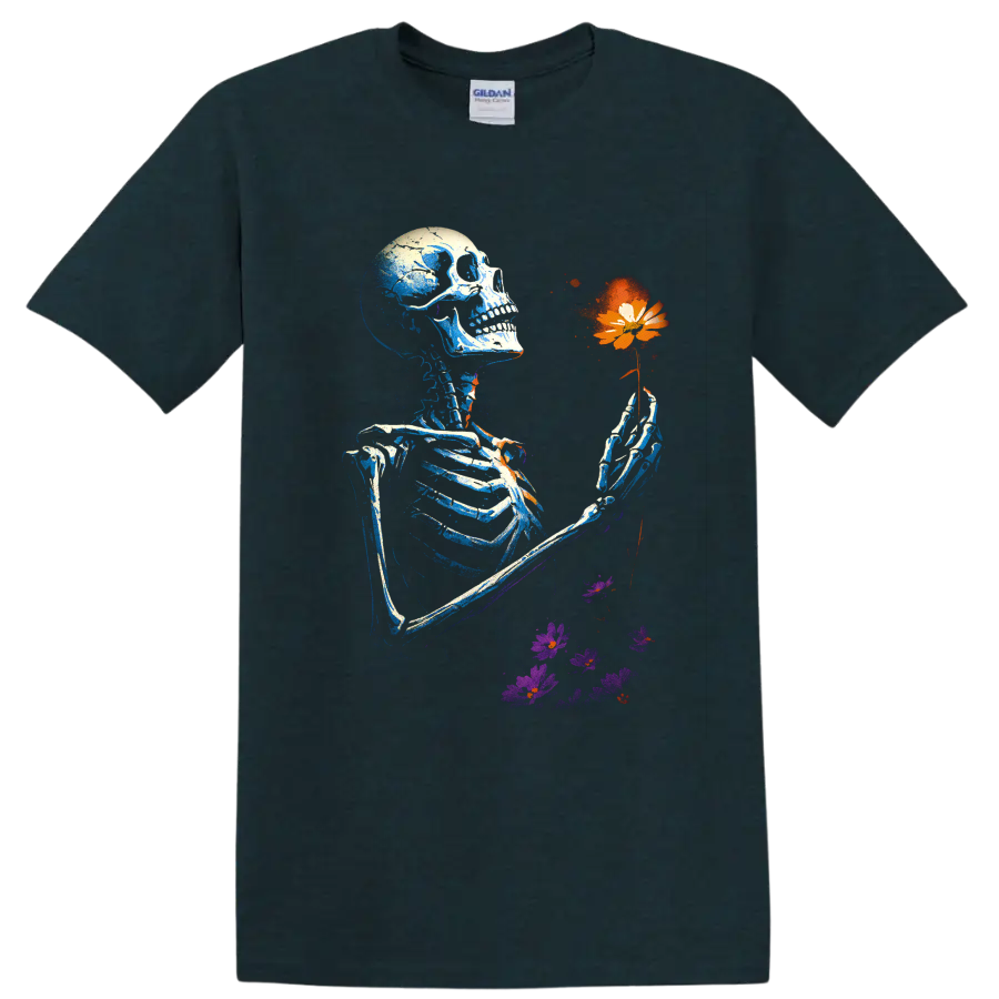 Gothic skeleton holding an orange flower with purple floral accents on a Midnight (Green) T Shirt