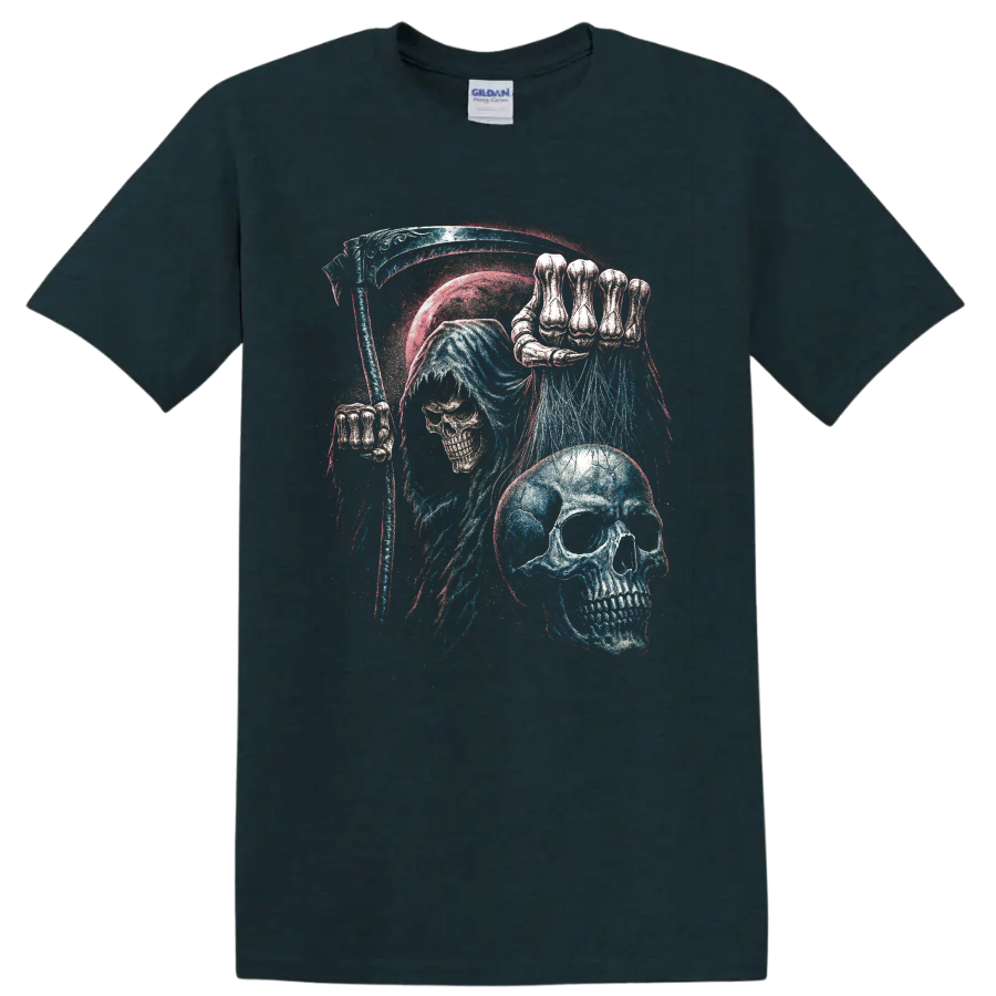 Gothic blue skull with skeletal hand and distressed red and white splatter art on a Midnight (Green) T Shirt
