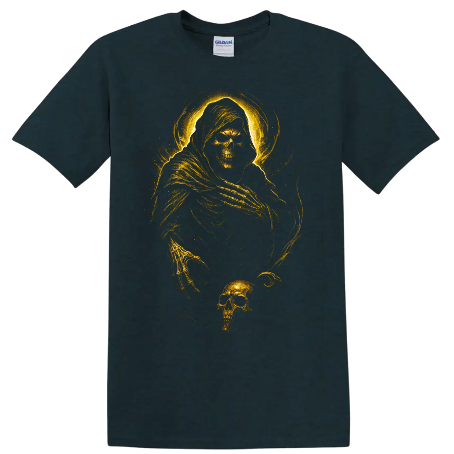 Golden grim reaper skull gothic skeleton graphic print on a Midnight (Green) T Shirt