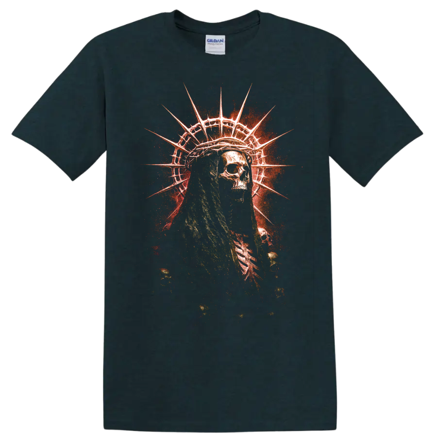 Distressed skull Statue of Liberty gothic horror graphic with red grunge burst on a Midnight (Green) T Shirt