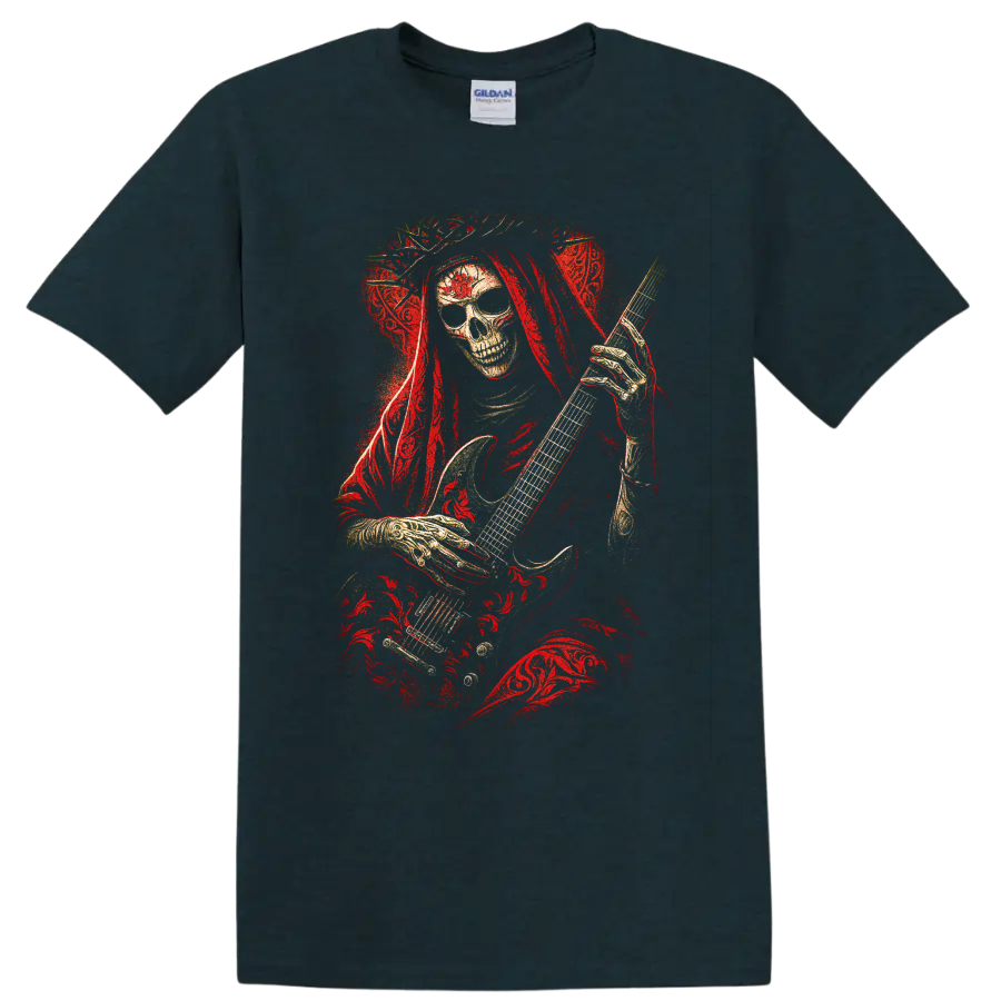 Gothic skull guitarist with red roses and distressed rock art on a Midnight (Green) T Shirt