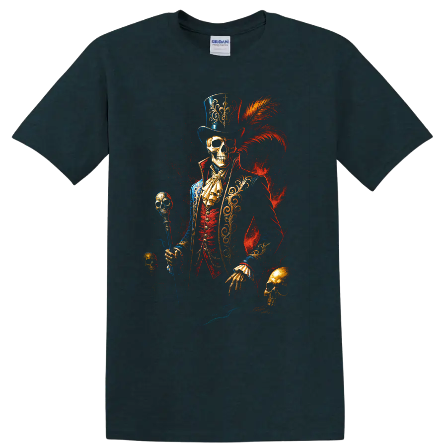 Gothic skeleton ringmaster in top hat with skull cane and red plume on a Midnight (Green) T Shirt