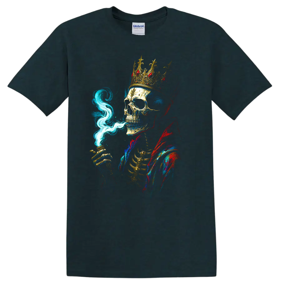 Crowned skull king with blue smoke and colorful gothic art on a Midnight (Green) T Shirt