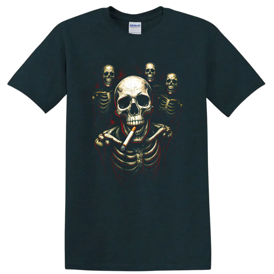 Smoking skeleton skull graphic with smaller skulls and red splatter on a Midnight (Green) T Shirt