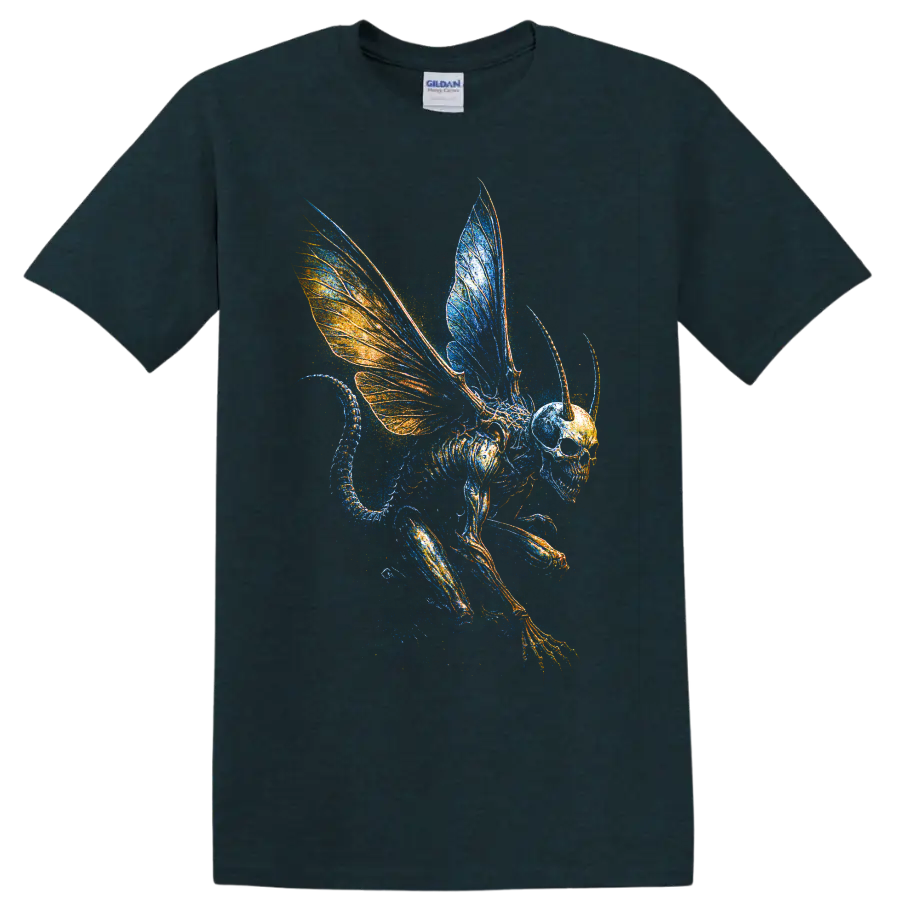 Winged skull skeleton creature with blue and orange gothic fantasy wings on a Midnight (Green) T Shirt