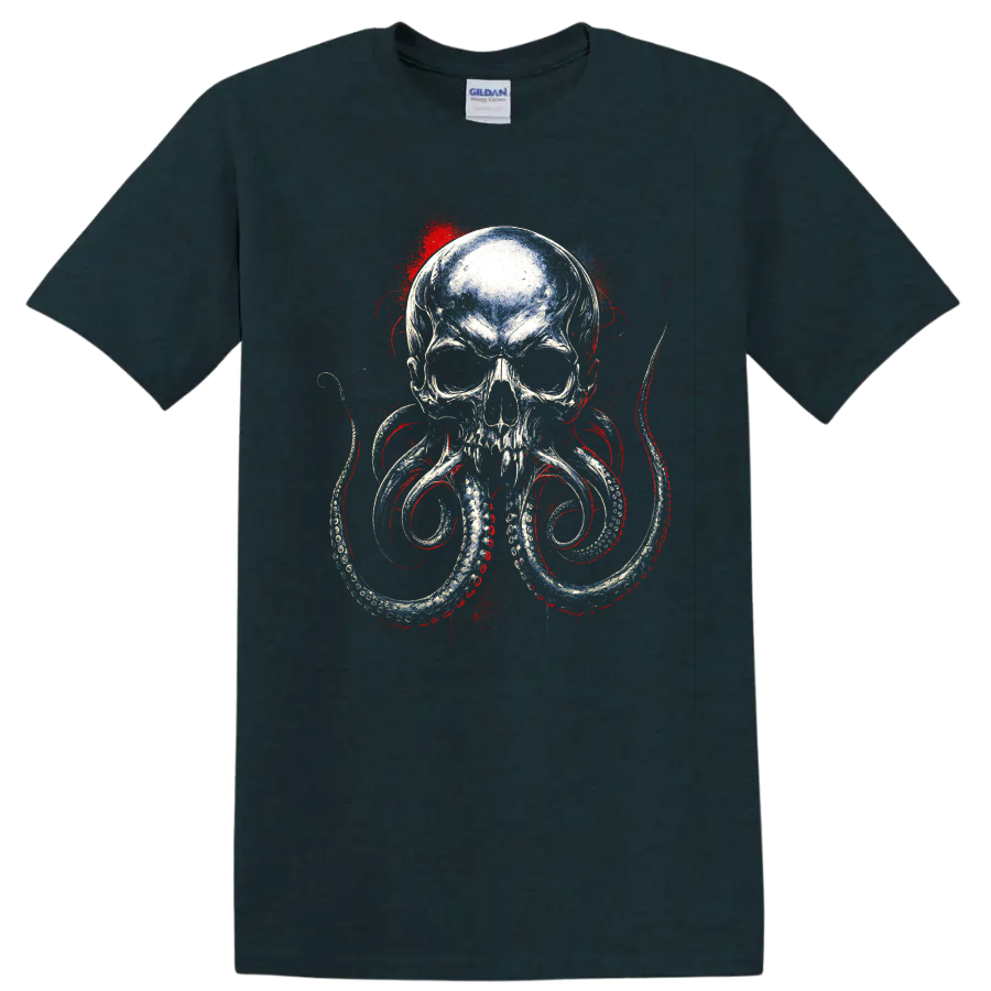 Distressed skull octopus graphic with curling tentacles and red blue accents on a Midnight (Green) T Shirt