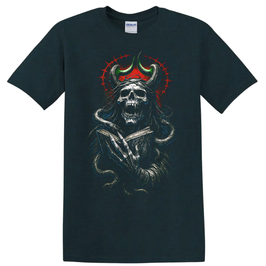 Horned skull warrior with gothic distressed artwork and red splatter on a Midnight (Green) T Shirt