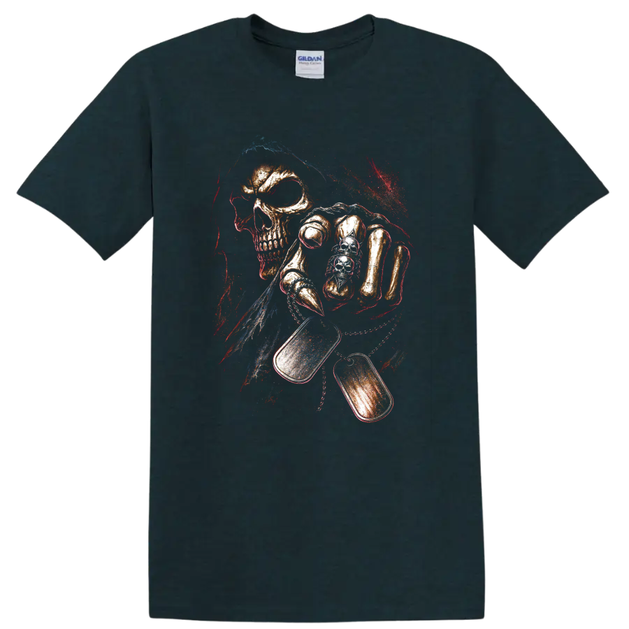 Distressed gothic skull graphic with vivid red, blue, and orange accents on a Midnight (Green) T Shirt