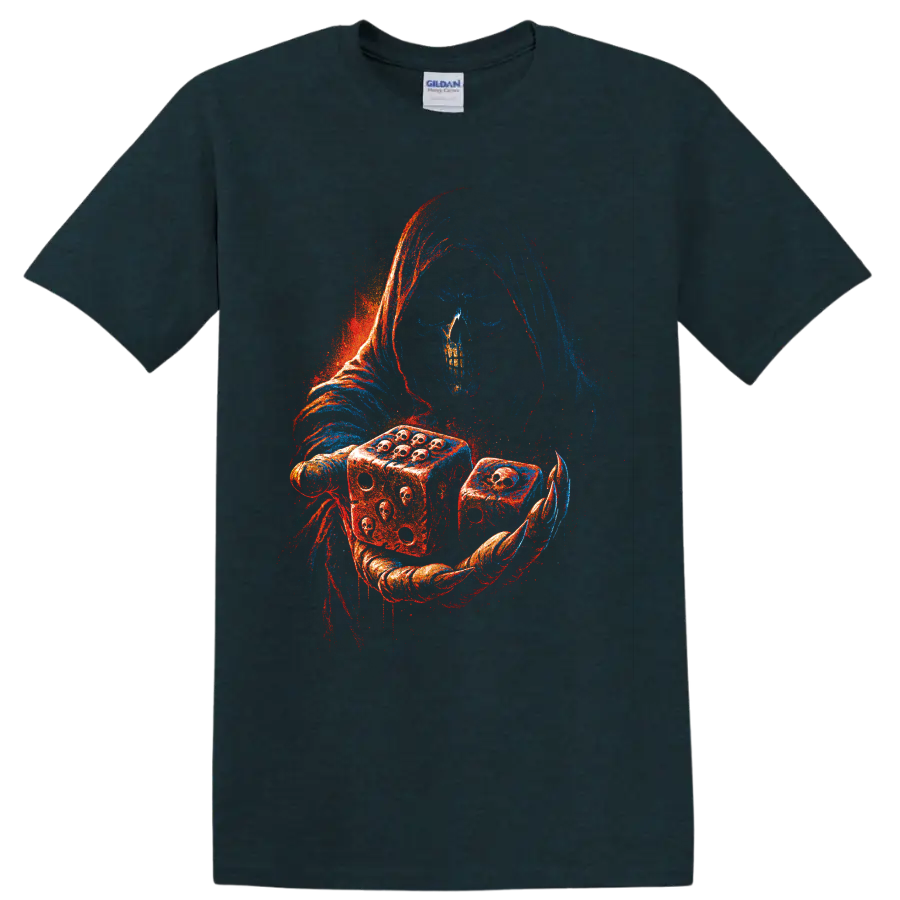 Hooded skull figure holding dice in red and blue gothic horror art on a Midnight (Green) T Shirt