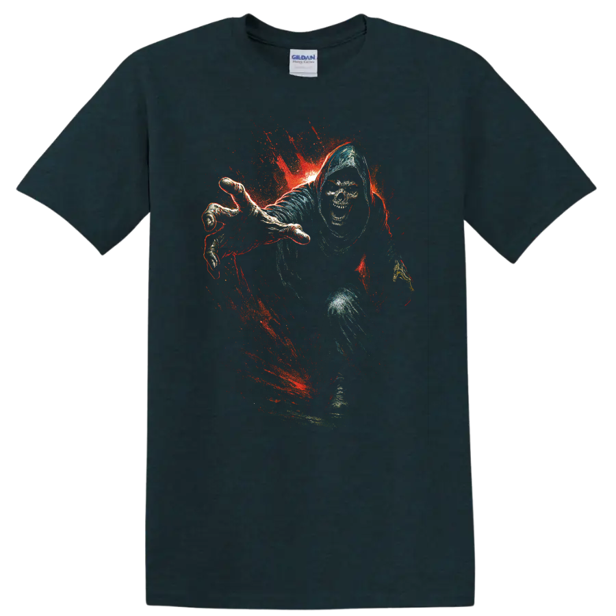Hooded skull reaper with red splatter gothic horror graphic on a Midnight (Green) T Shirt