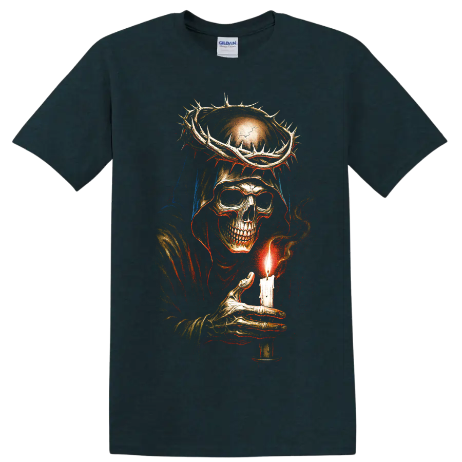 Gothic grim reaper skull holding a glowing candle beneath a crown of thorns on a Midnight (Green) T Shirt