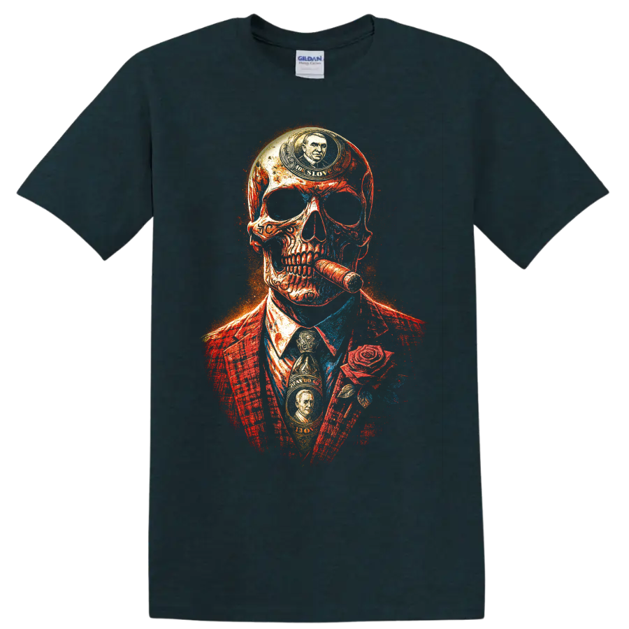 Distressed gangster skull in suit with cigar and rose graphic on a Midnight (Green) T Shirt
