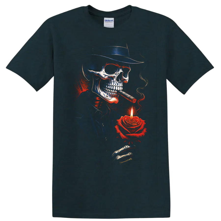 Gothic skull cowboy with cigar and glowing rose candle graphic on a Midnight (Green) T Shirt