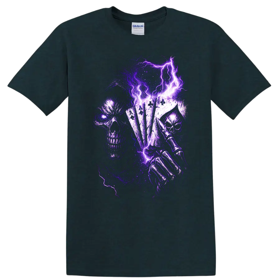 Gothic skull holding playing cards with purple lightning artwork on a Midnight (Green) T Shirt