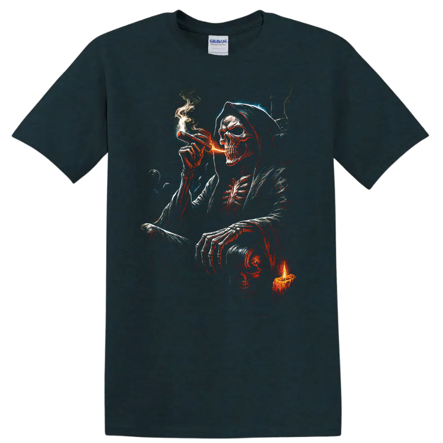 Hooded smoking skeleton skull with candle in distressed gothic art on a Midnight (Green) T Shirt