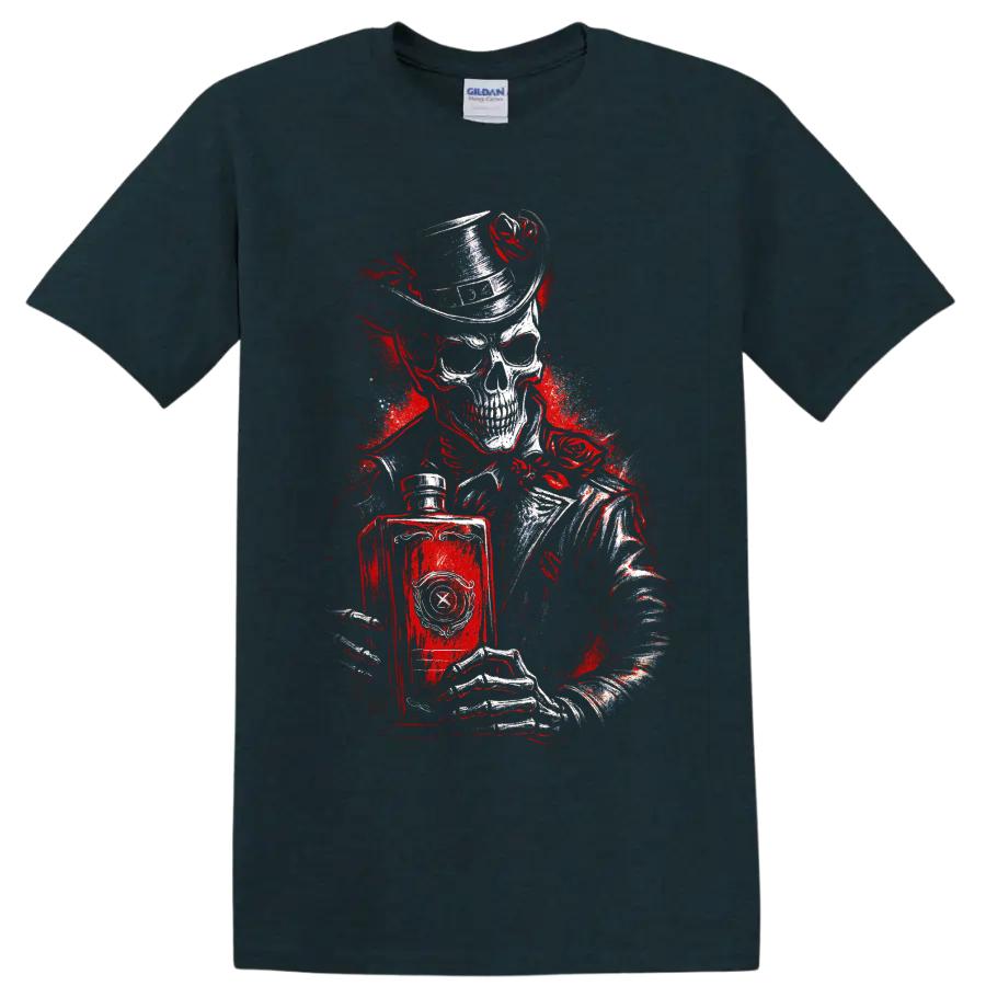 Gothic skull in top hat holding a book with red distressed artwork on a Midnight (Green) T Shirt