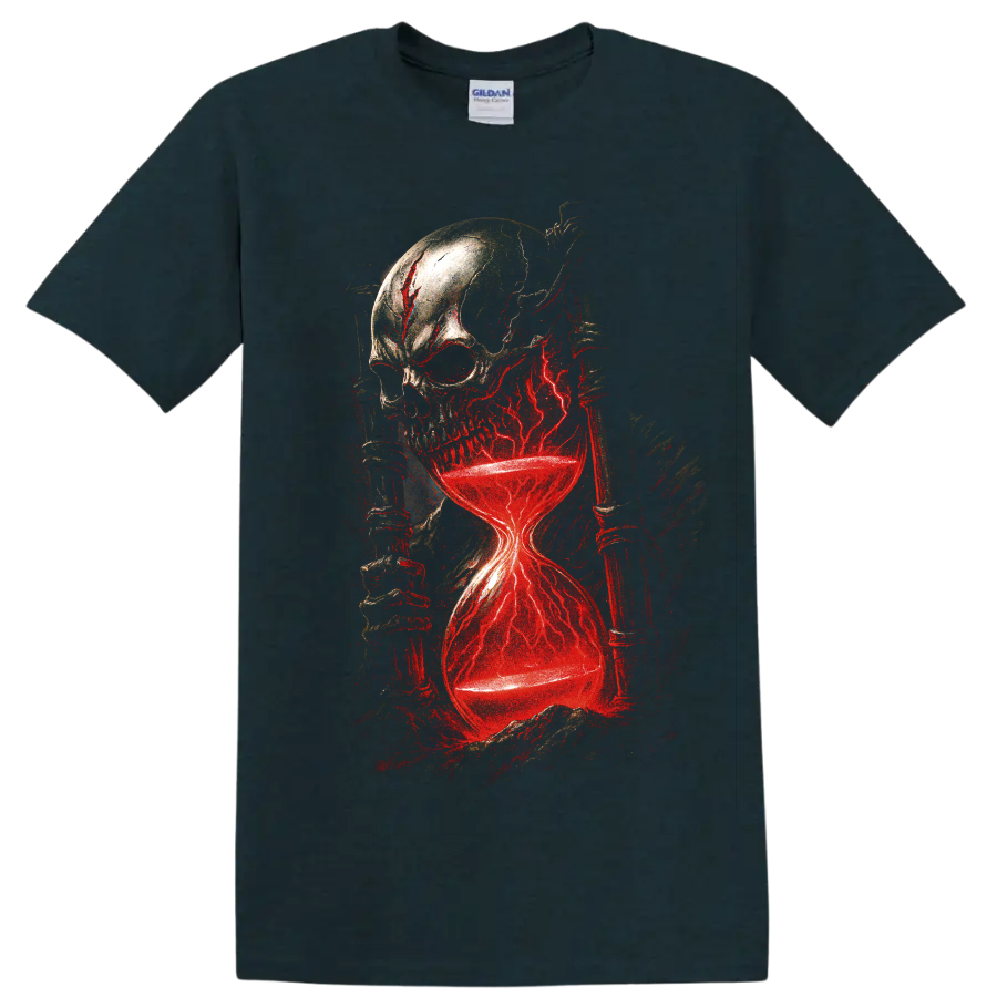 Gothic skull hourglass with glowing red lightning graphic on a Midnight (Green) T Shirt