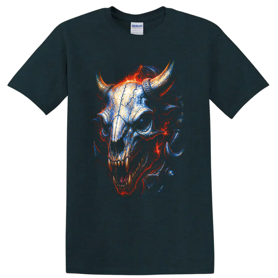Horned skull gothic artwork with vivid blue, red, and orange fire-like detail on a Midnight (Green) T Shirt
