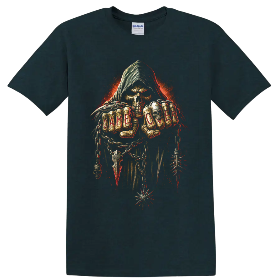 Grim reaper skull with hood, chains, spikes, and gothic distressed art on a Midnight (Green) T Shirt