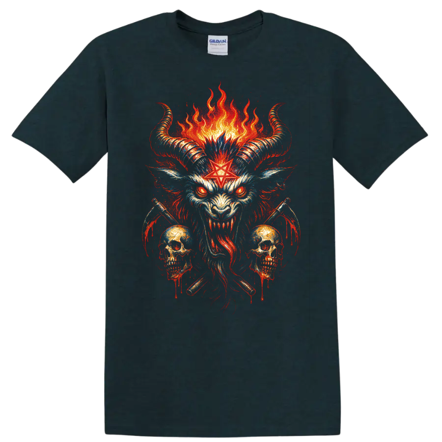 Horned demon skull with flames and red star gothic graphic print on a Midnight (Green) T Shirt