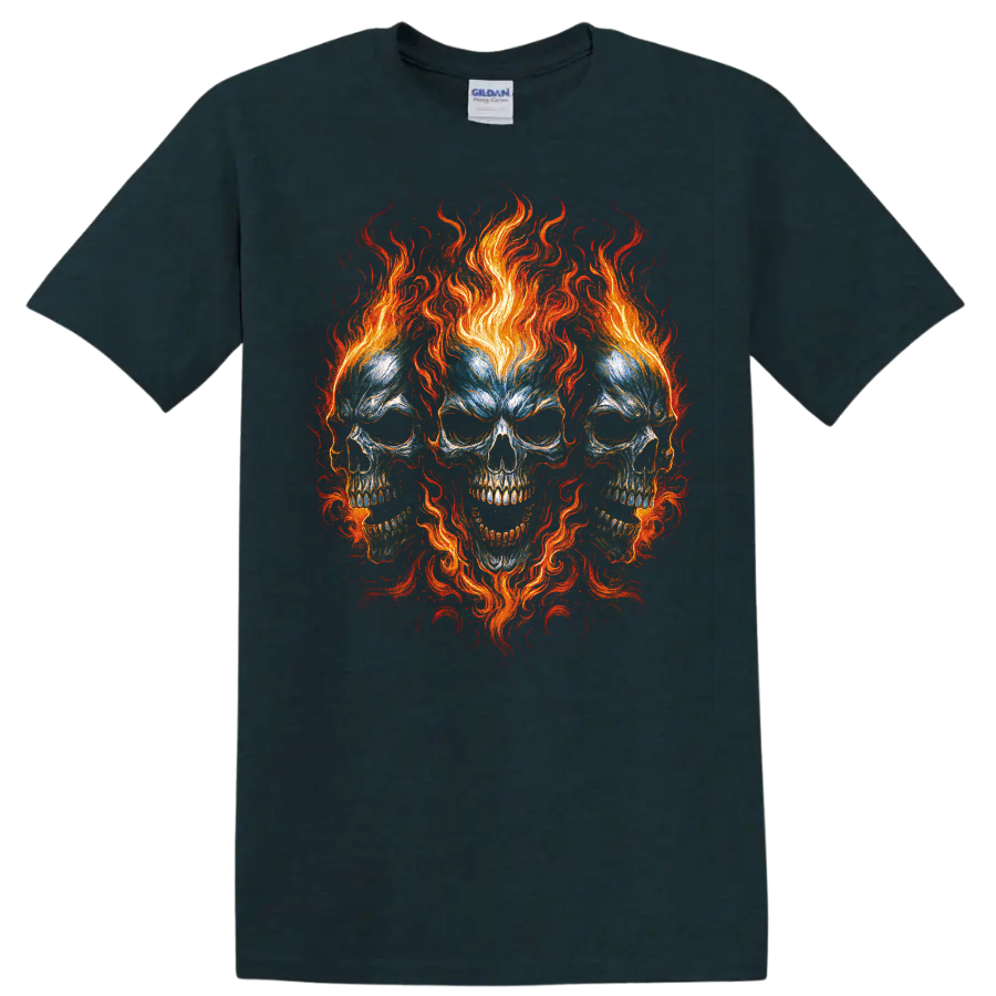 Flaming triple skull gothic horror graphic with vivid swirling fire on a Midnight (Green) T Shirt