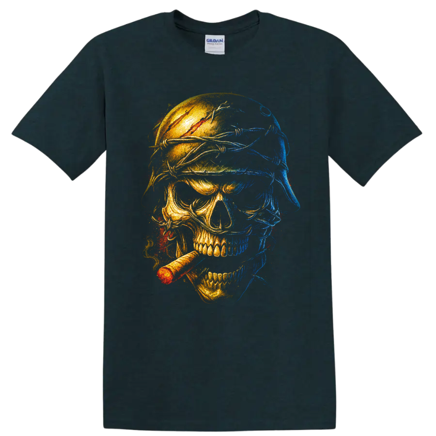 Blue and gold split-face skull graphic with cigar and distressed gothic art on a Midnight (Green) T Shirt