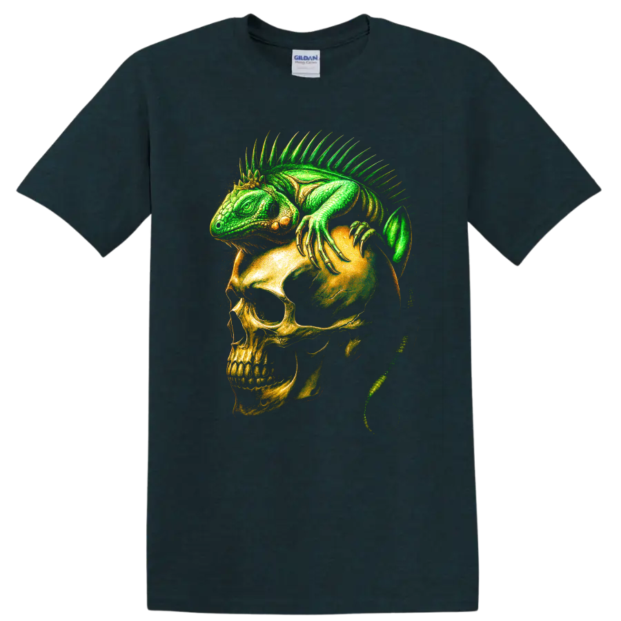Green iguana draped over a skull in detailed gothic horror art on a Midnight (Green) T Shirt