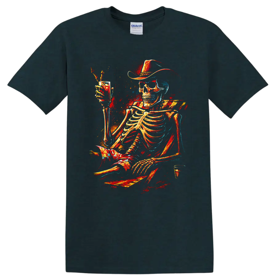 Western gothic skeleton cowboy raising a cocktail glass with colorful splatter art on a Midnight (Green) T Shirt