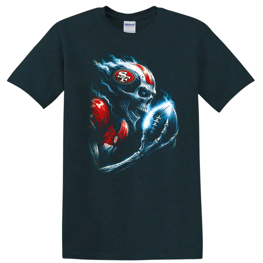Gothic skull football player with red helmet and blue flames on a Midnight (Green) T Shirt