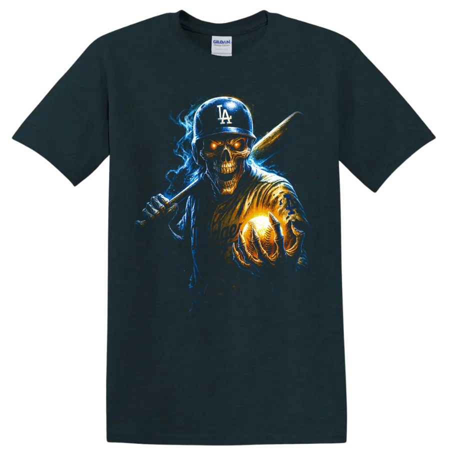 Neon horror baseball skull player with bat and glowing baseball on a Midnight (Green) T Shirt