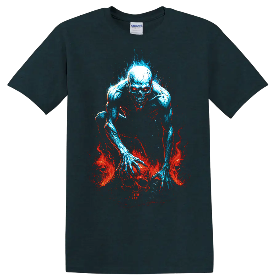 Blue undead skeleton skull with red flames gothic horror graphic on a Midnight (Green) T Shirt
