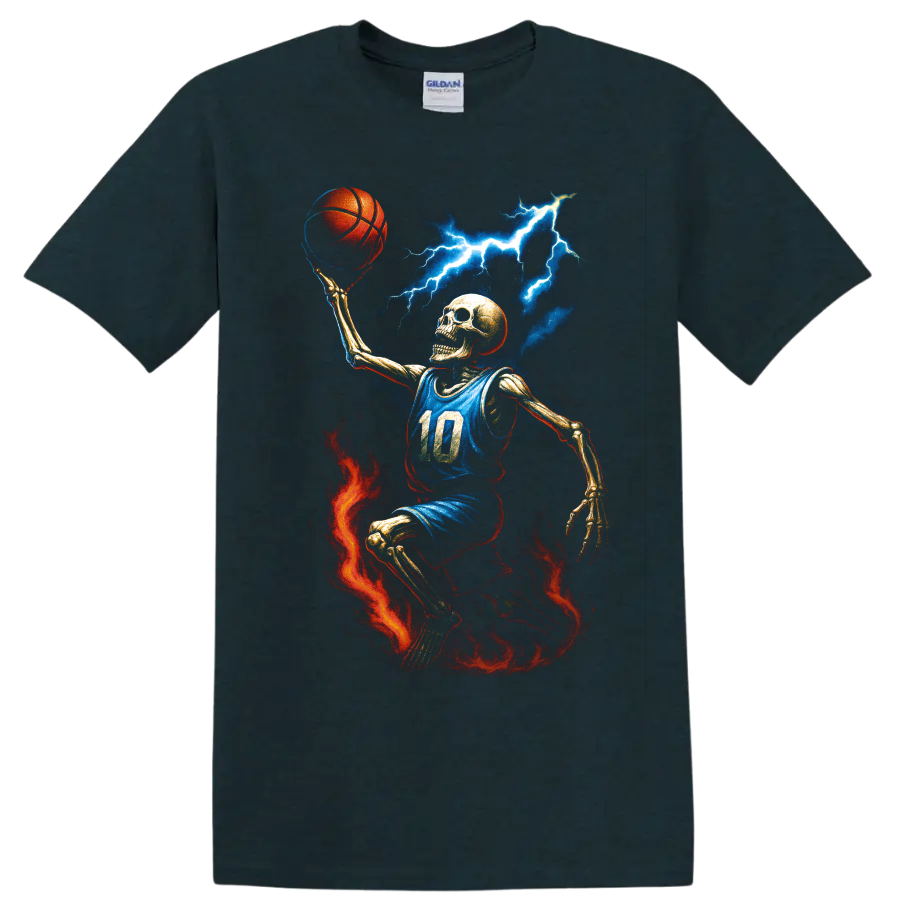 Skeleton basketball player with lightning, fire, and blue jersey on a Midnight (Green) T Shirt