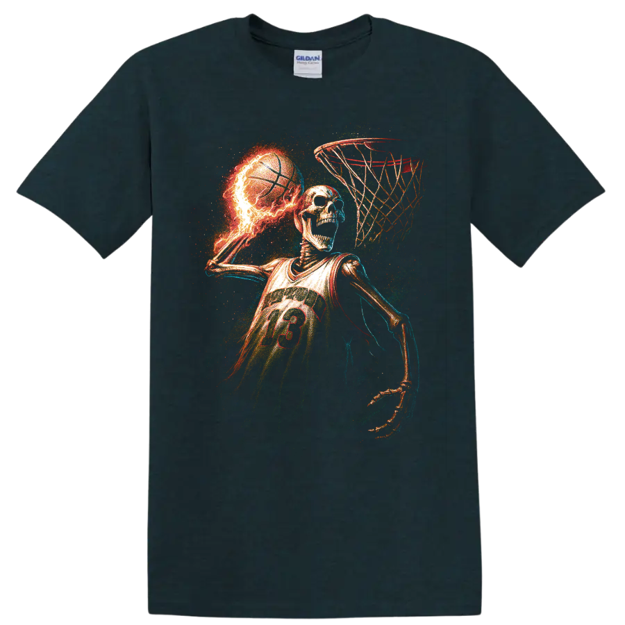 Fiery skeleton basketball player slam dunk graphic with glowing neon effects on a Midnight (Green) T Shirt