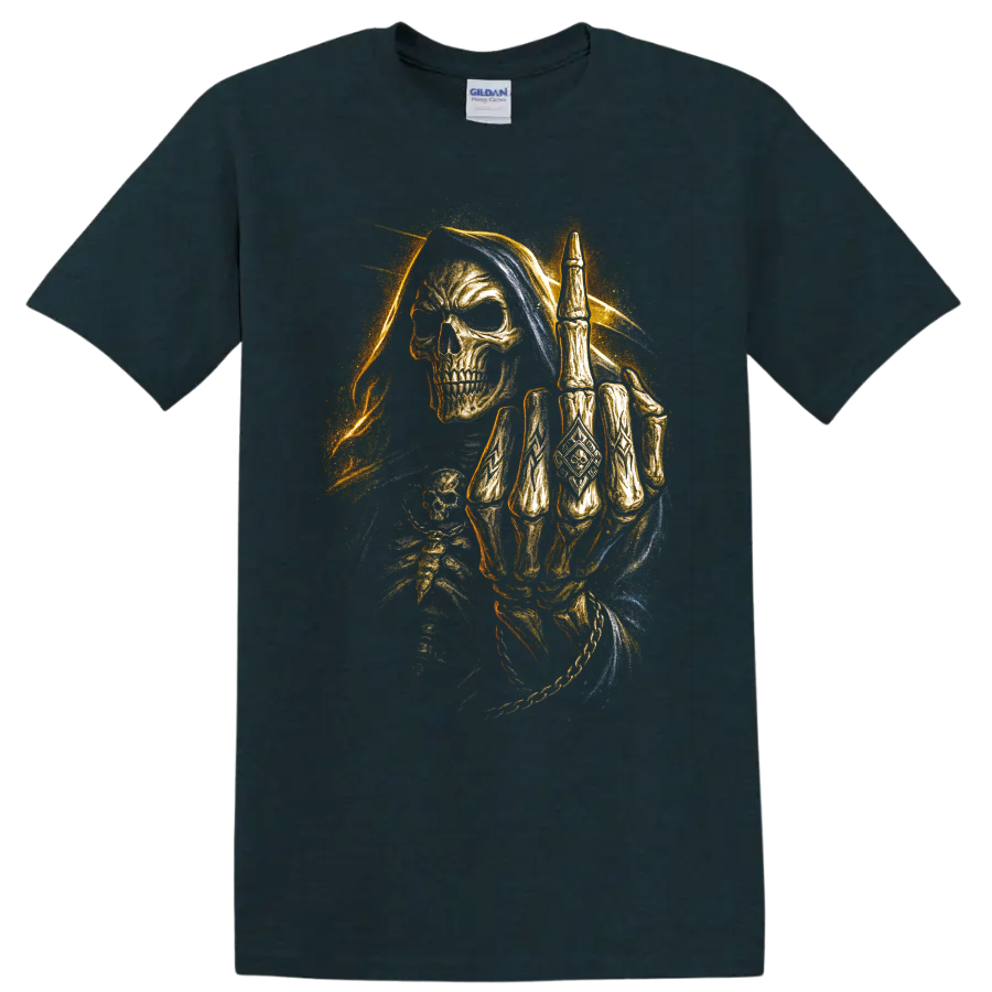Hooded Grim Reaper skull with raised skeletal hand in gothic dark art on a Midnight (Green) T Shirt