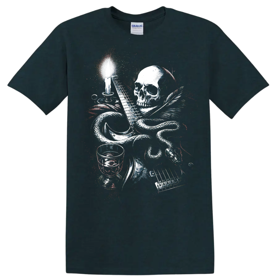 Colorful skull music graphic with guitar, drums, keyboard, and microphone on a Midnight (Green) T Shirt
