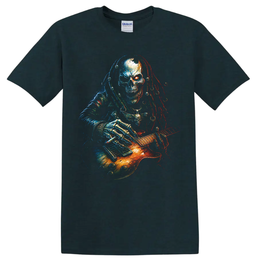 Gothic skull guitarist playing an electric guitar in neon distressed art on a Midnight (Green) T Shirt
