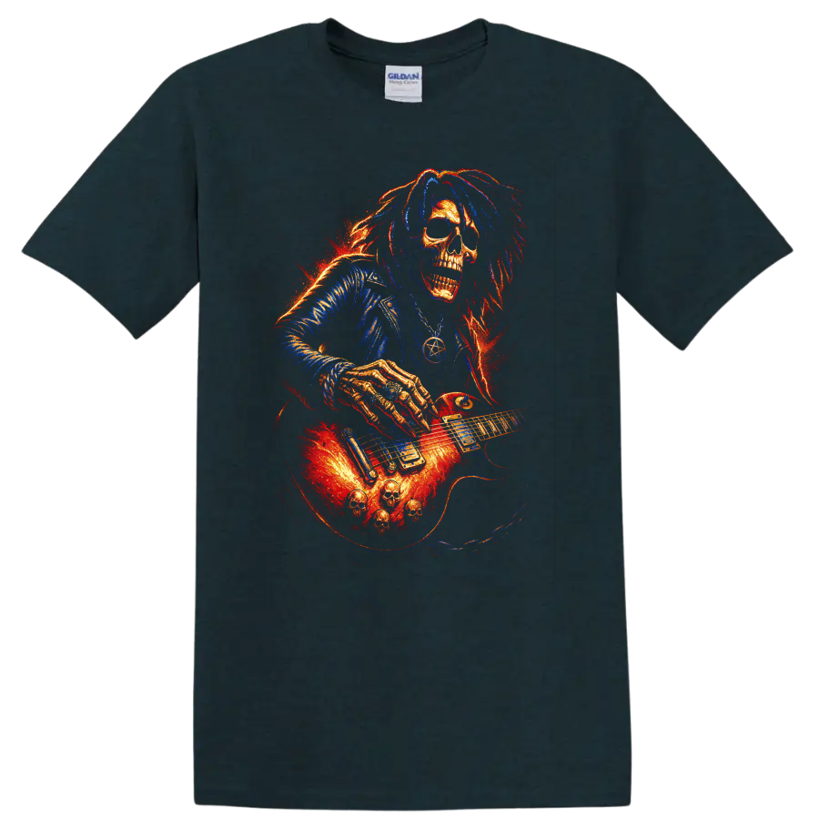 Fiery gothic skull guitarist playing electric guitar graphic on a Midnight (Green) T Shirt