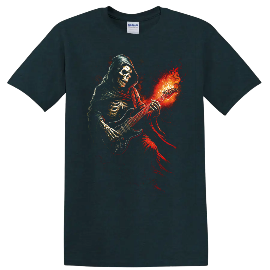 Hooded skull guitarist with fiery red and orange gothic artwork on a Midnight (Green) T Shirt